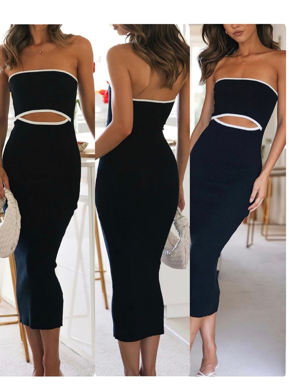Strapless Black Cutout Midi Dress with Contrast Trim